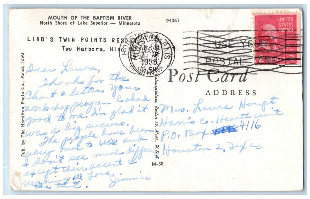 1956 Mouth Baptism River North Shore Lake Superior Minnesota MN Posted Postcard