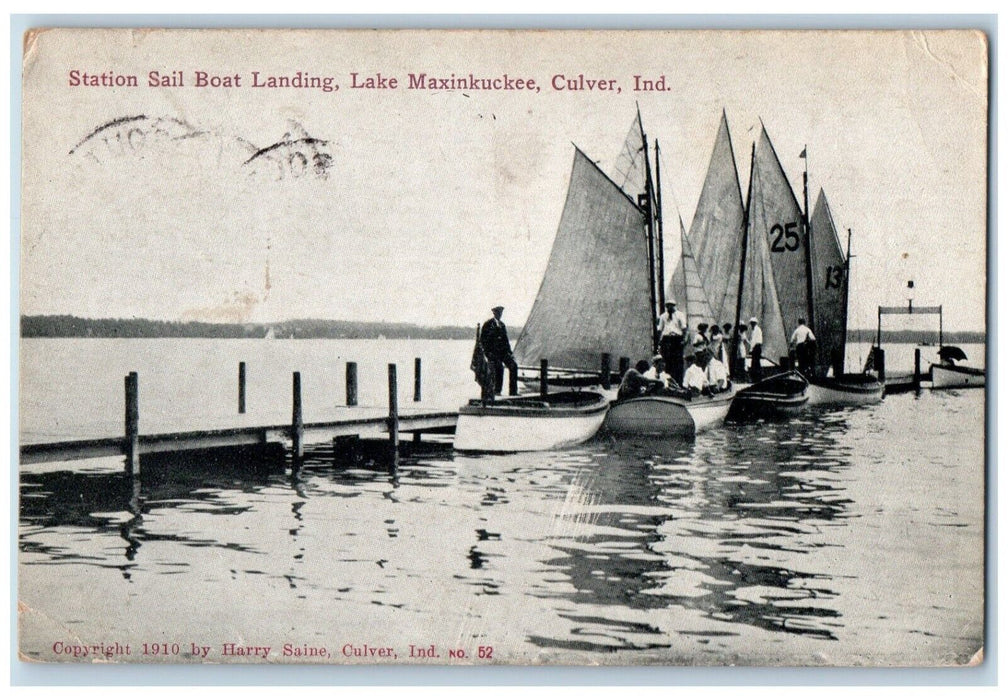 1910 Station Sail Boat Landing Lake Maxinkuckee Culver IN Antique Postcard