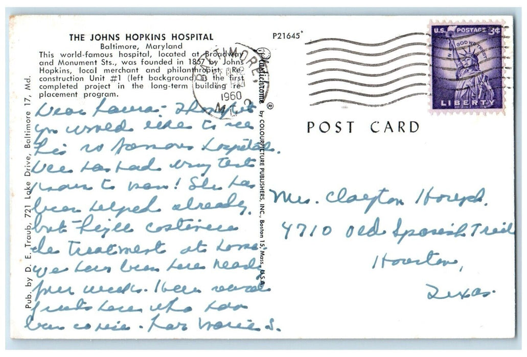 c1960 Overlooking Johns Hopkins Hospital Building Baltimore Maryland MD Postcard