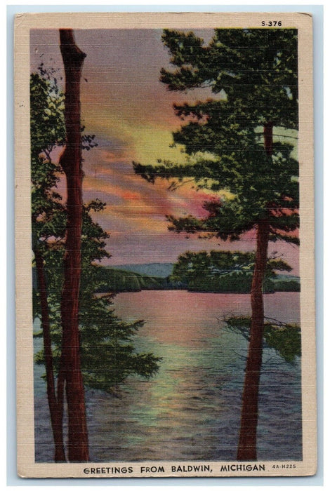 1948 Greetings From Sunset River Lake Trees Baldwin Michigan MI Vintage Postcard