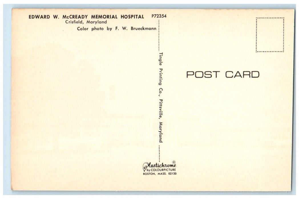 c1960 Edward W. McCready Memorial Hospital Exterior Crisfield Maryland Postcard