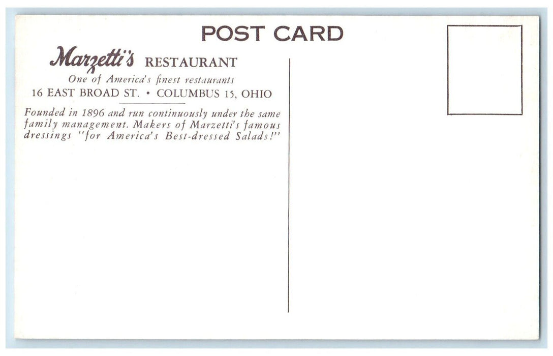 c1940 Marzetti's Restaurant East Broad Street Columbus Ohio OH Vintage Postcard