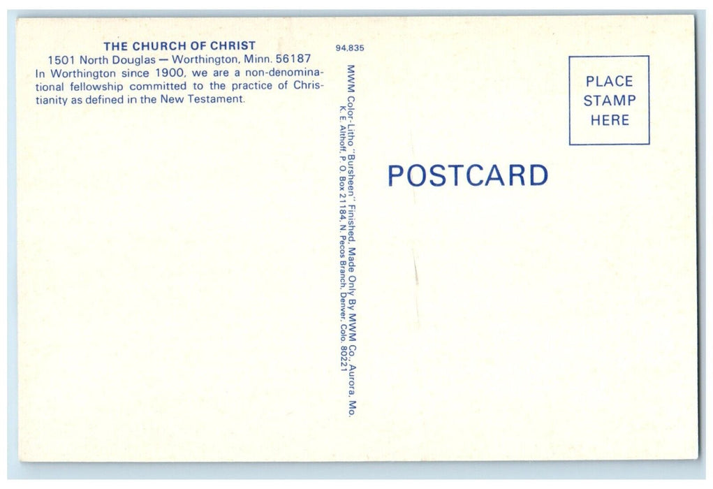c1960 Church Christ North Douglas Exterior Field Worthington Minnesota Postcard