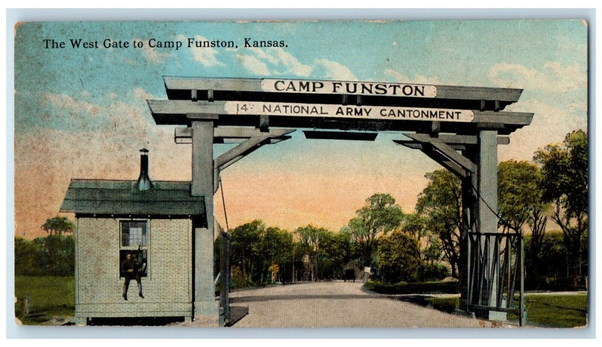 c1910 West Gate Camp National Army Cantonment Exterior Funston Kansas Postcard