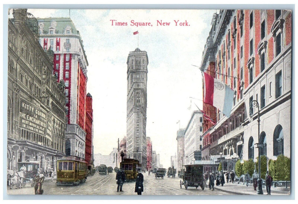 c1910 Busy Day Times Square New York NY Street Cars Trolley Buildings Postcard