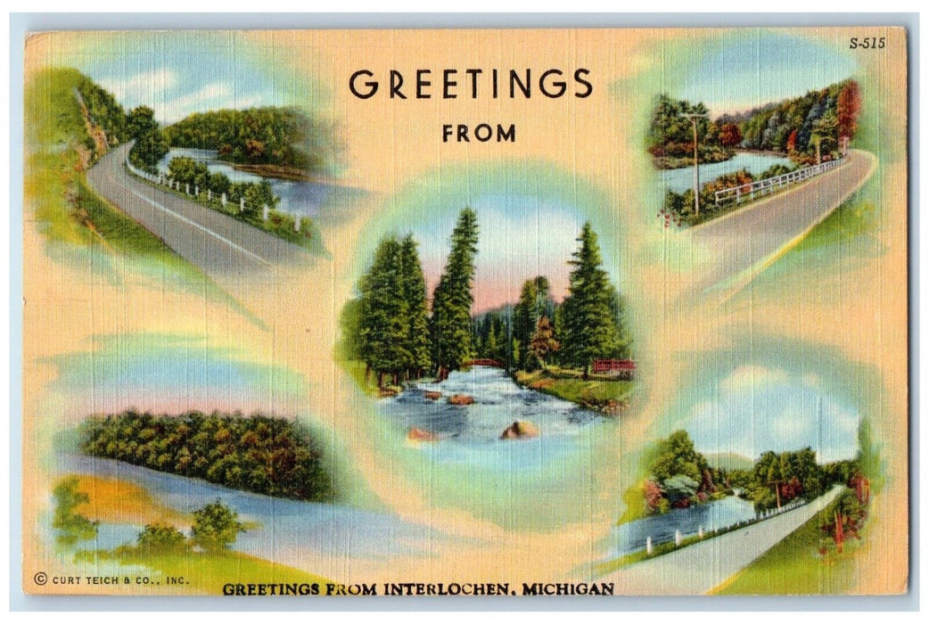 1941 Greetings From Trees River Lake Interlochen Michigan MI Multiview Postcard