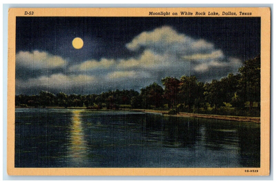 c1940 Moonlight White Rock Lake Moon Night River Dallas Texas Vintage Postcard