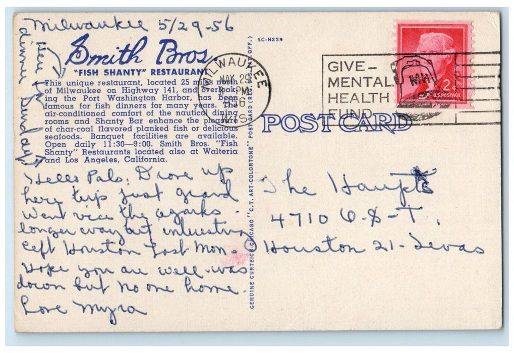 1956 Smith Bros. Fish Shanty Restaurant Bar Port Washington Wisconsin Postcard