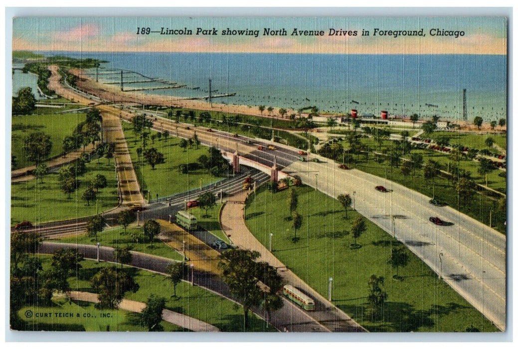 1950 Lincoln Park North Avenue Drives Foreground Chicago Illinois IL Postcard