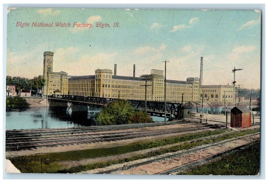 c1910 Elgin National Watch Factory Elgin Illinois IL Railroad Buildings Postcard
