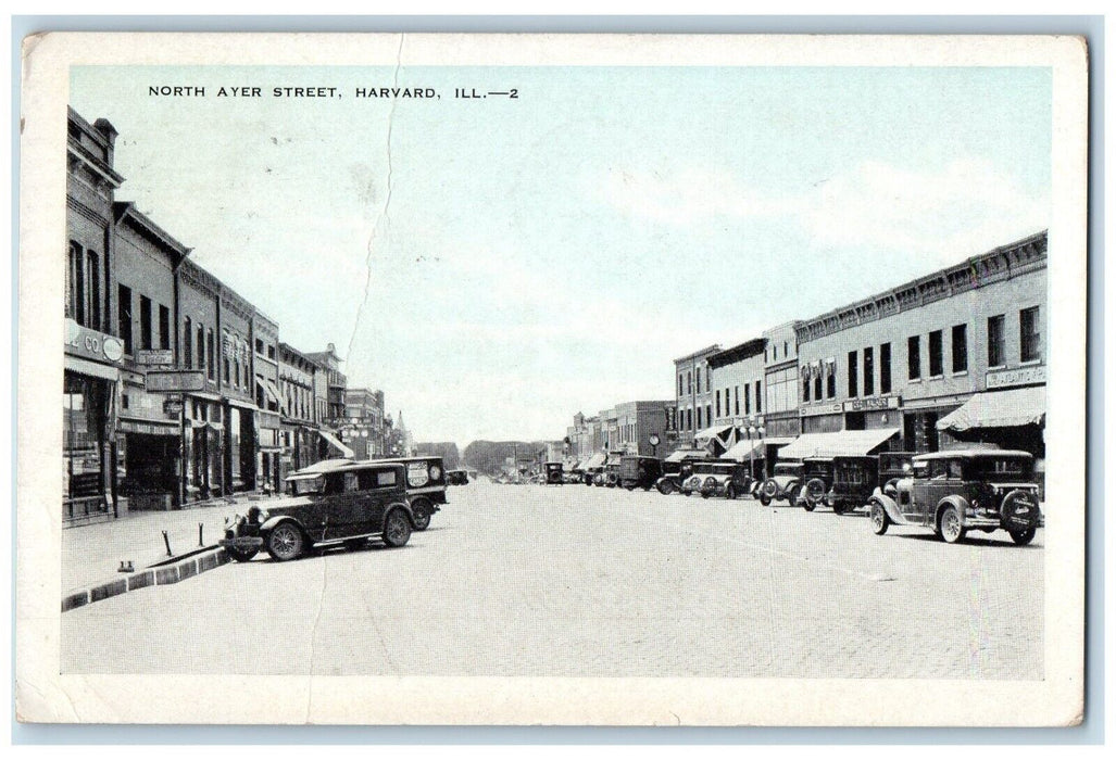 1938 North Ayer Street Harvard Illinois IL Classic Cars Buildings Road Postcard