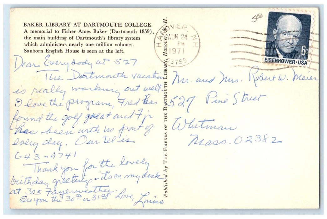 1971 Baker Library Dartmouth College Tower Clock Hanover NH RPPC Photo Postcard