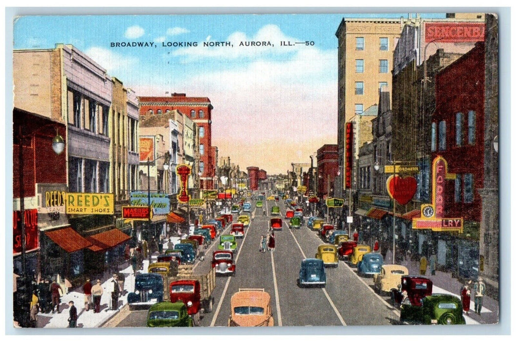 1947 Classic Cars Broadway Looking North Aurora Illinois IL Buildings Postcard