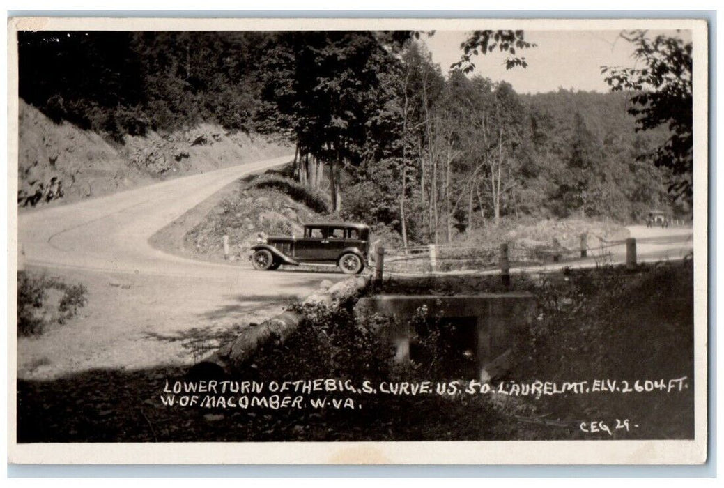 1930 Big S Curve Lower Turn Laurel Mt View Macomber West Virginia RPPC Postcard