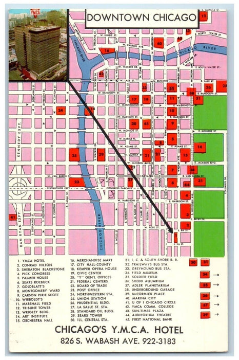 c1960 Map Chicago YMCA Hotel Downtown Chicago Illinois Unposted Vintage Postcard