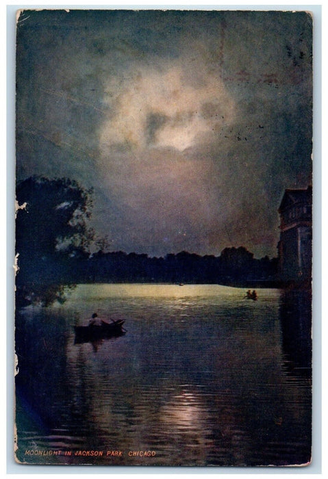 1909 Night Scene Moonlight Jackson Park Moon Chicago Illinois Vintage Postcard