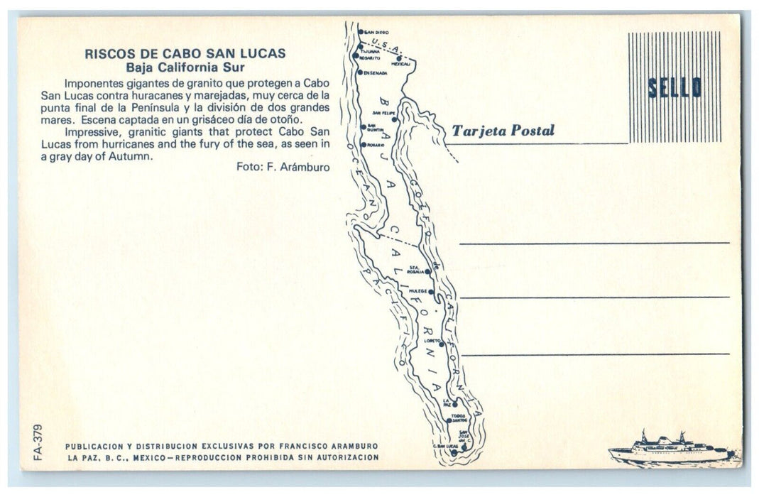 Riscos De Cabo San Lucas Baja California Sur, Fondo De Cristal Boat Postcard