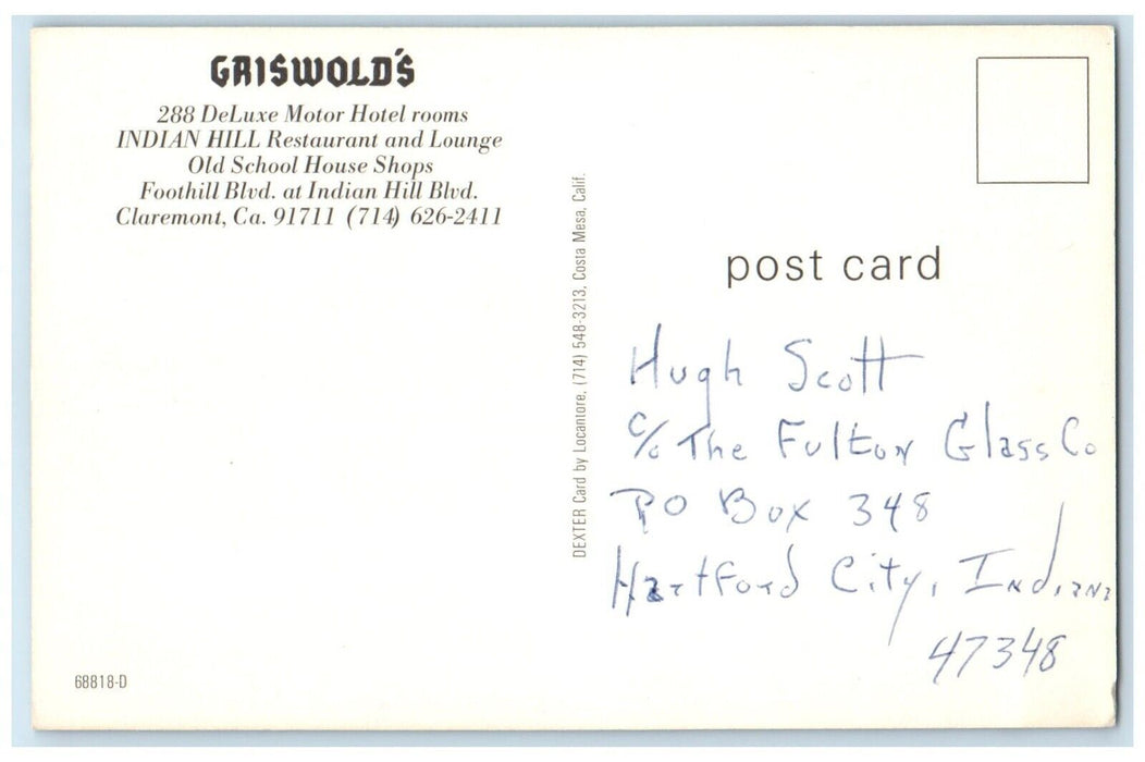 Griswold's Indian Hill Restaurant And Lounge Claremont California CA Postcard
