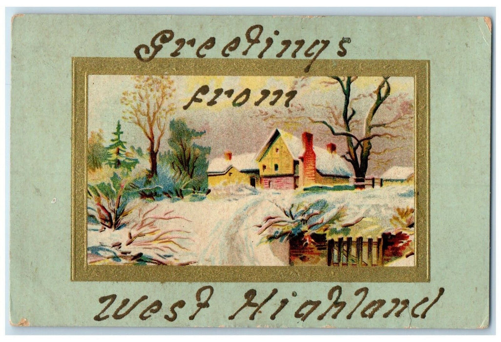 1910 Greetings From West Highlands Michigan MI, House Glitter Antique Postcard