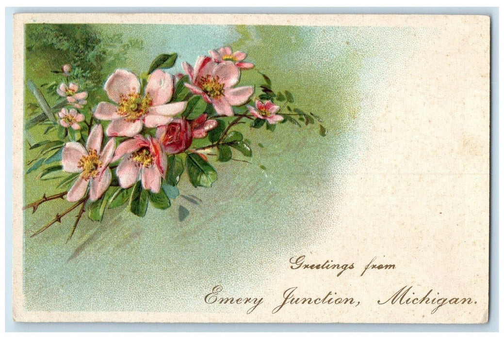 c1910's Greetings From Emery Junction Michigan MI, Flowers Embossed Postcard