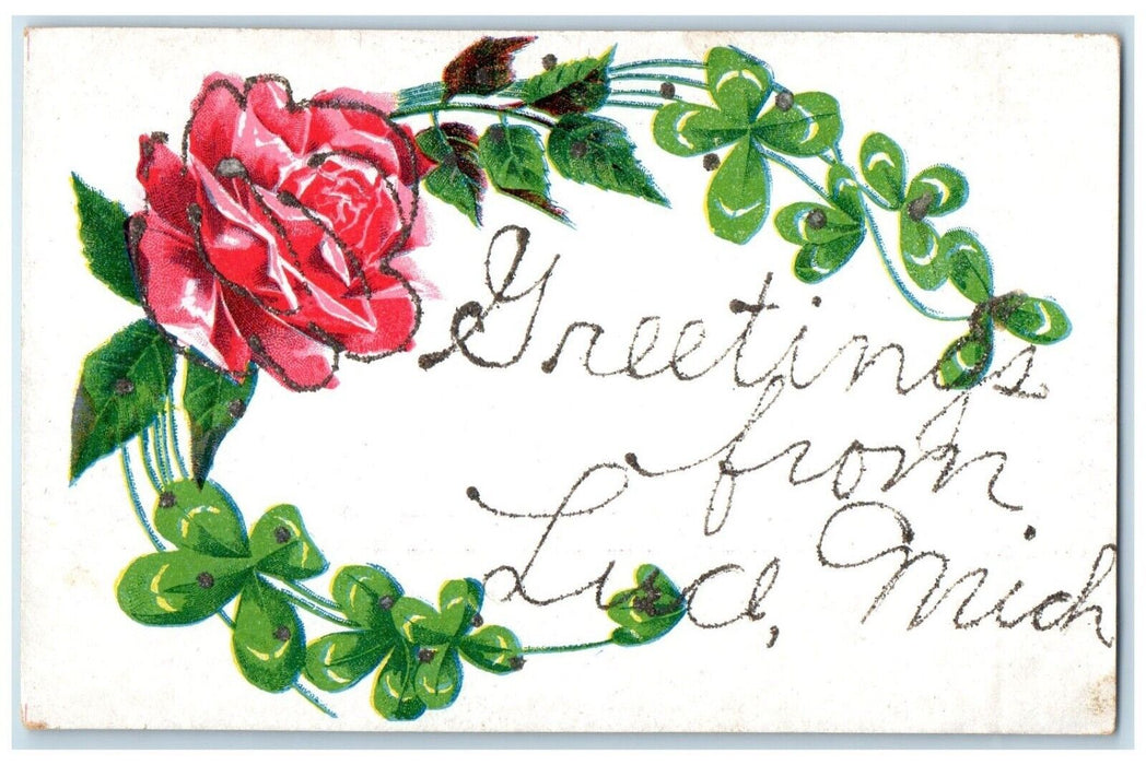 c1910's Greetings From Luce Michigan MI, Flowers Shamrock Glitter Postcard