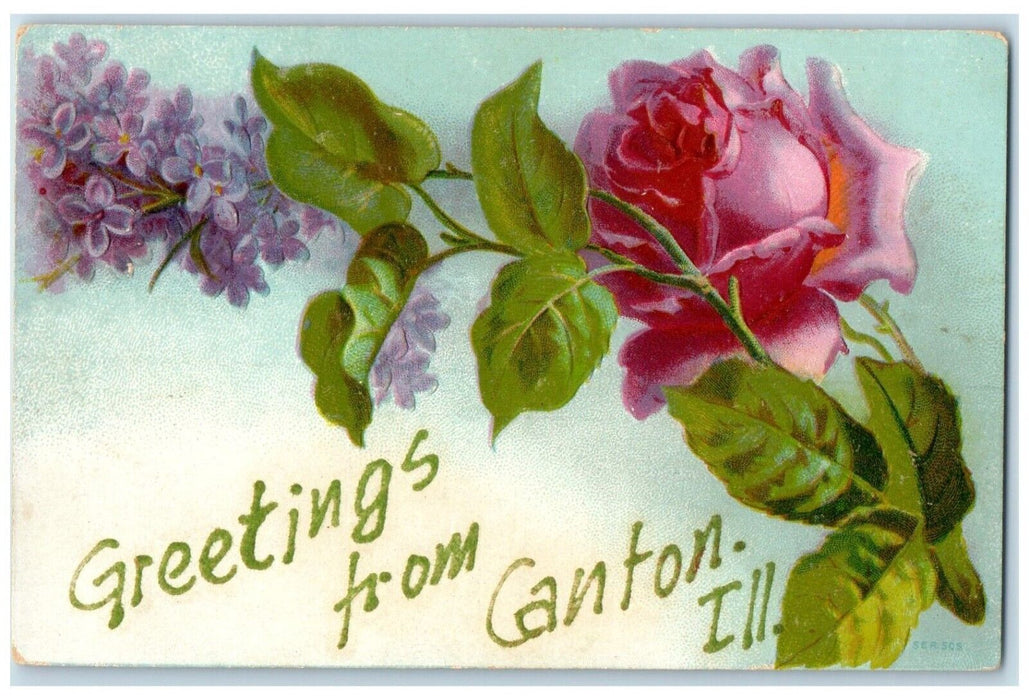 c1910's Greetings From Canton Illinois IL, Rose Flowers Embossed Posted Postcard