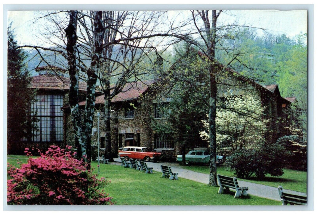 Springtime Scene Anderson Auditorium Montreat North Carolina NC, Cars Postcard