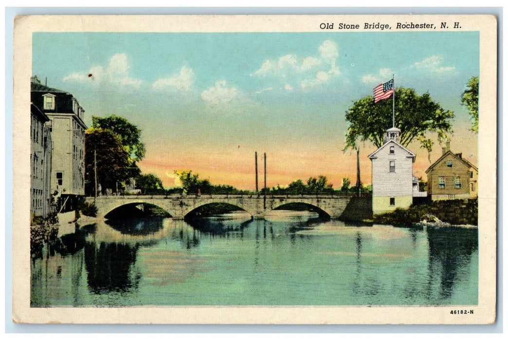 c1930's View Of Old Stone Bridge Rochester New Hampshire NH Vintage Postcard