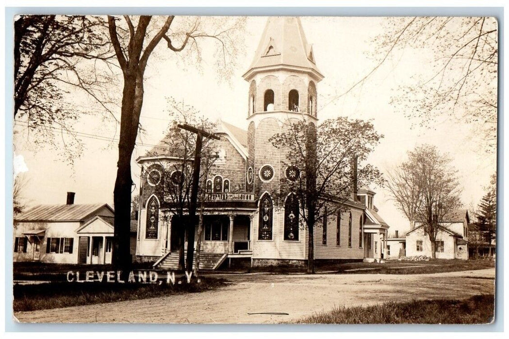 1928 Methodist Church Bell Tower View Cleveland NY RPPC Photo Postcard