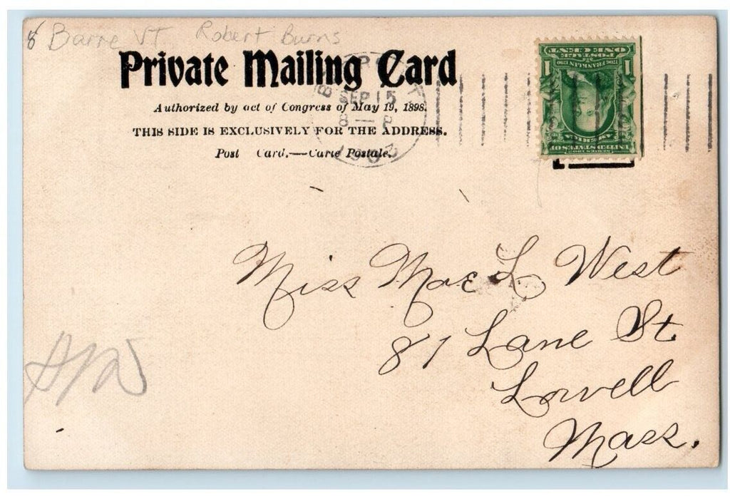 1903 Robert Burns Memorial Statue Barre City VT RPPC Photo Posted Postcard