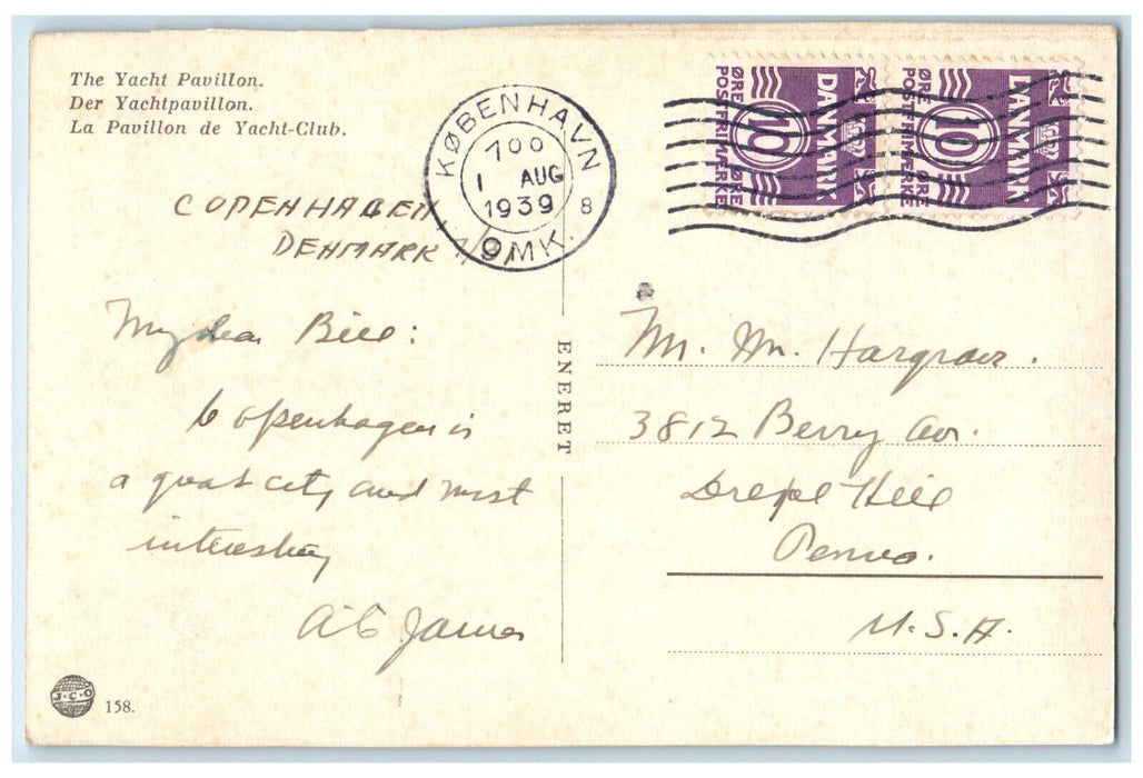 1939 Yacht Pavillion Kobenhaven (Copenhagen) Denmark Vintage Posted Postcard