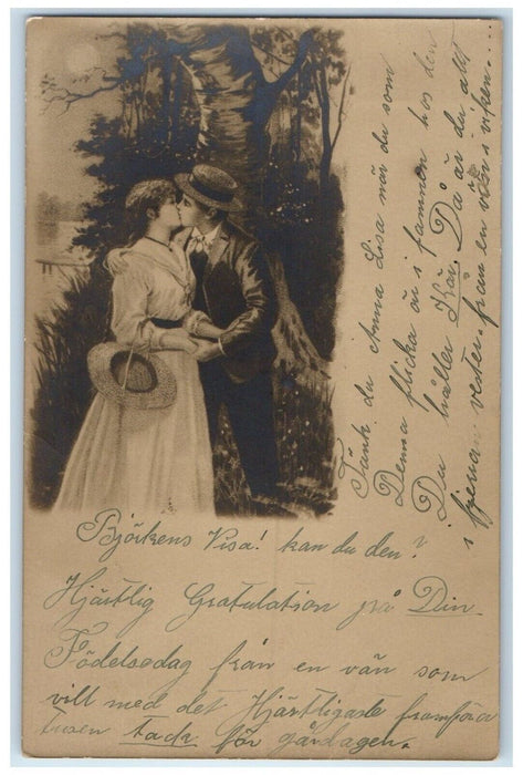 c1905 Sweet Couple Kissing Romance Sweden Posted Antique RPPC Photo Postcard