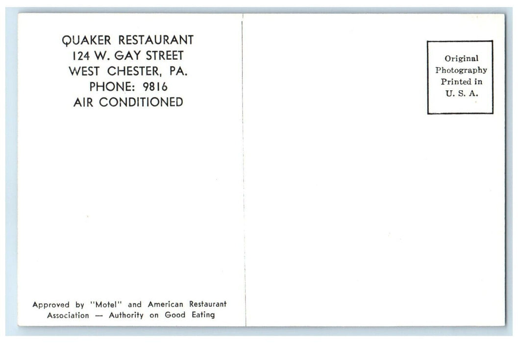 Quaker Restaurant Interior Dining Room West Chester PA RPPC Photo Postcard