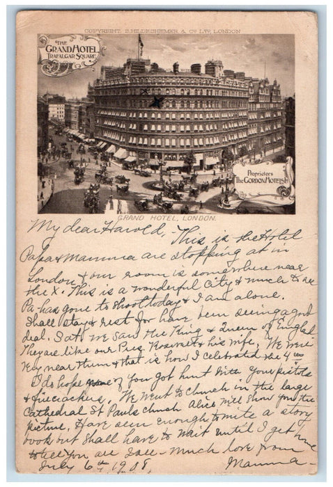 1908 The Grand Hotel Trafalgar Square London England Antique Postcard