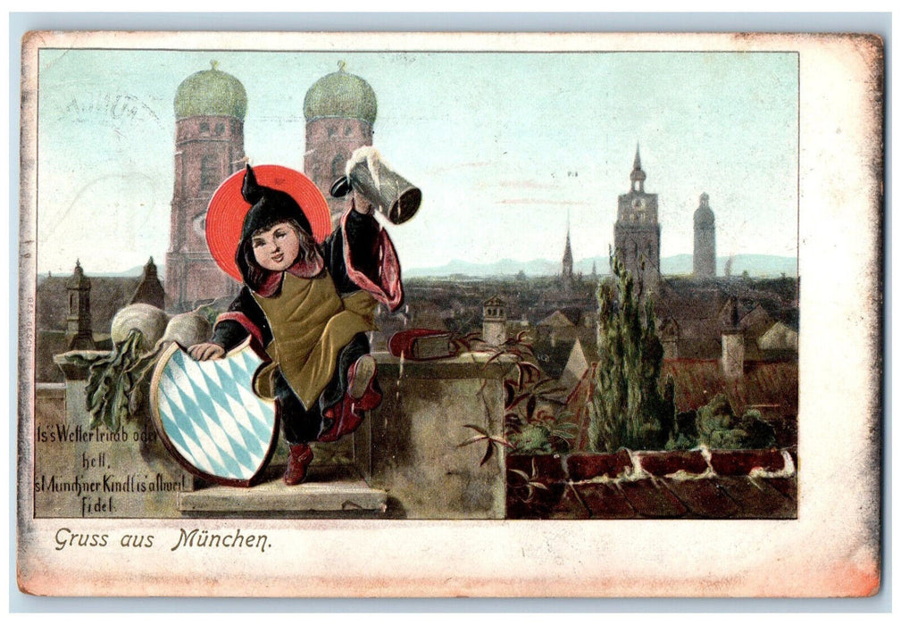 1908 Kid Holding Pitcher Greetings from Munich Germany Antique Postcard