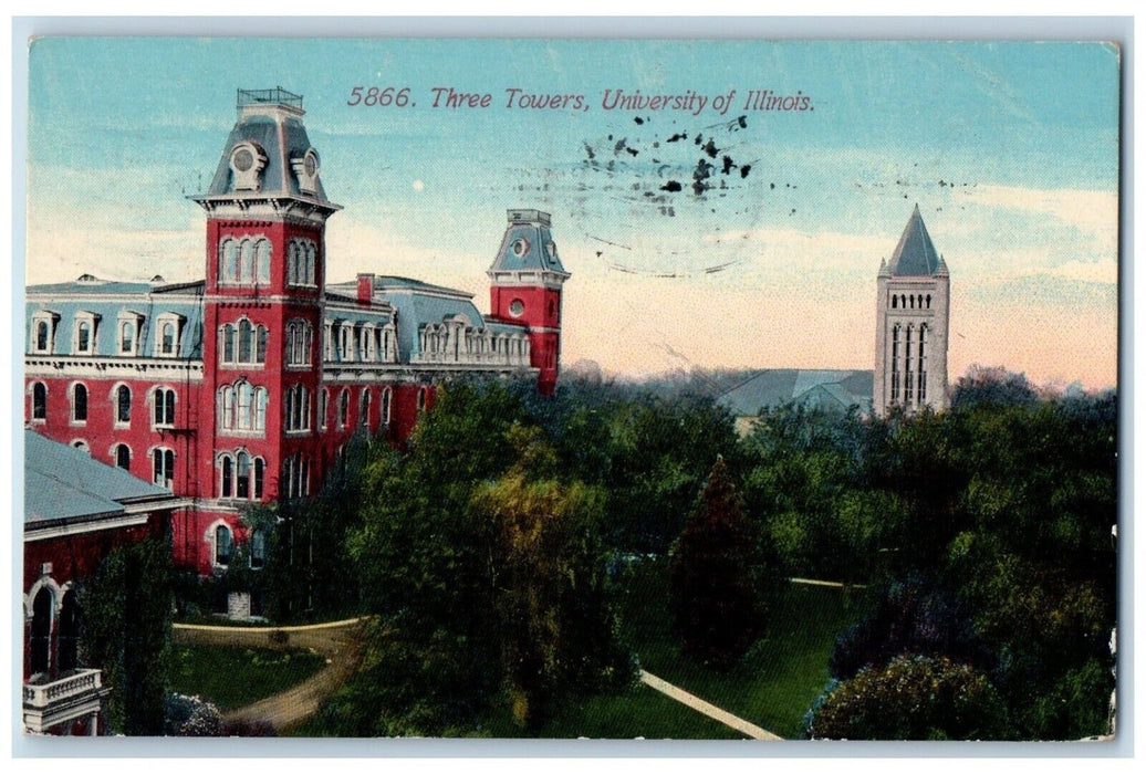 1912 Aerial View Three Towers University Illinois Champaign Illinois IL Postcard