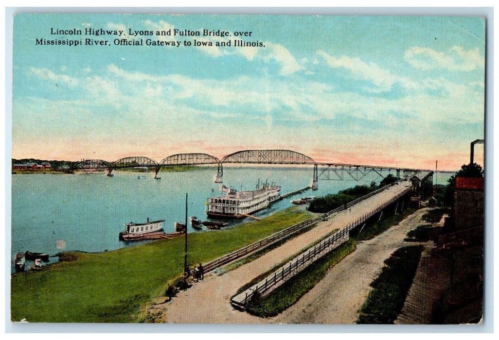 c1910 Lincoln Highway Lyons Fulton Bridge Mississippi River Chicago IL Postcard