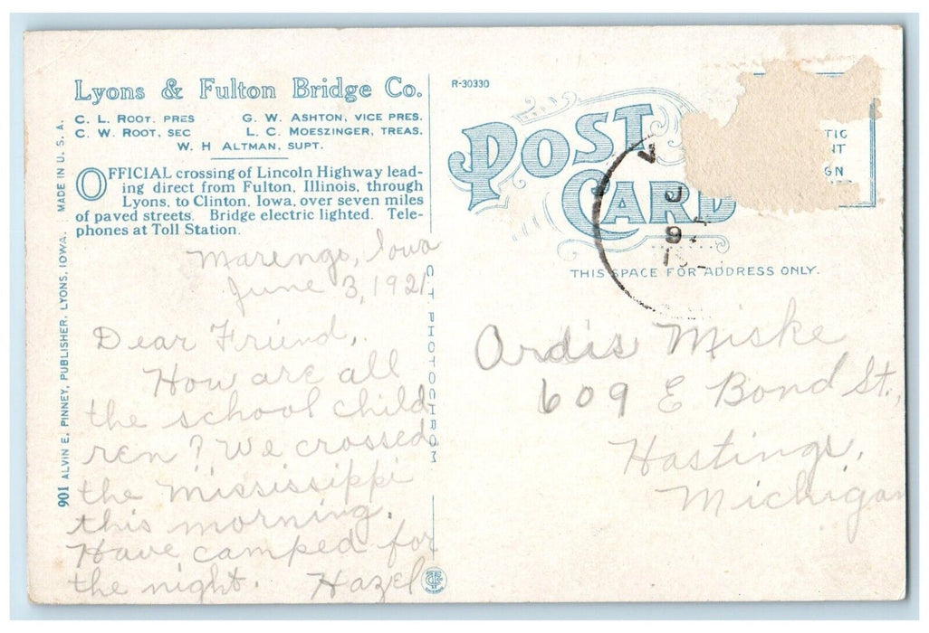 c1910 Lincoln Highway Lyons Fulton Bridge Mississippi River Chicago IL Postcard