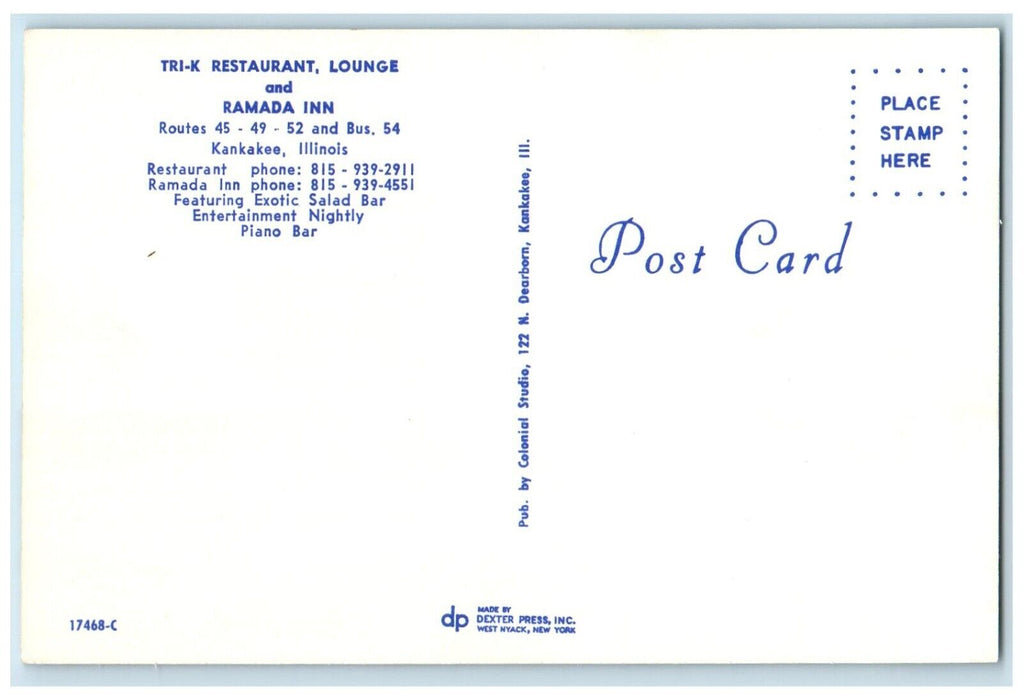 c1960 Tri K Restaurant Lounge Ramada Inn Kankakee Illinois IL Vintage Postcard