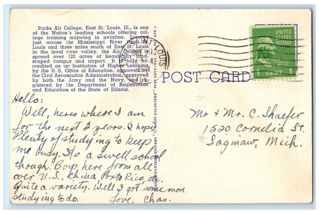 1941 Air View Parks Air College East St Louis Illinois Antique Vintage Postcard