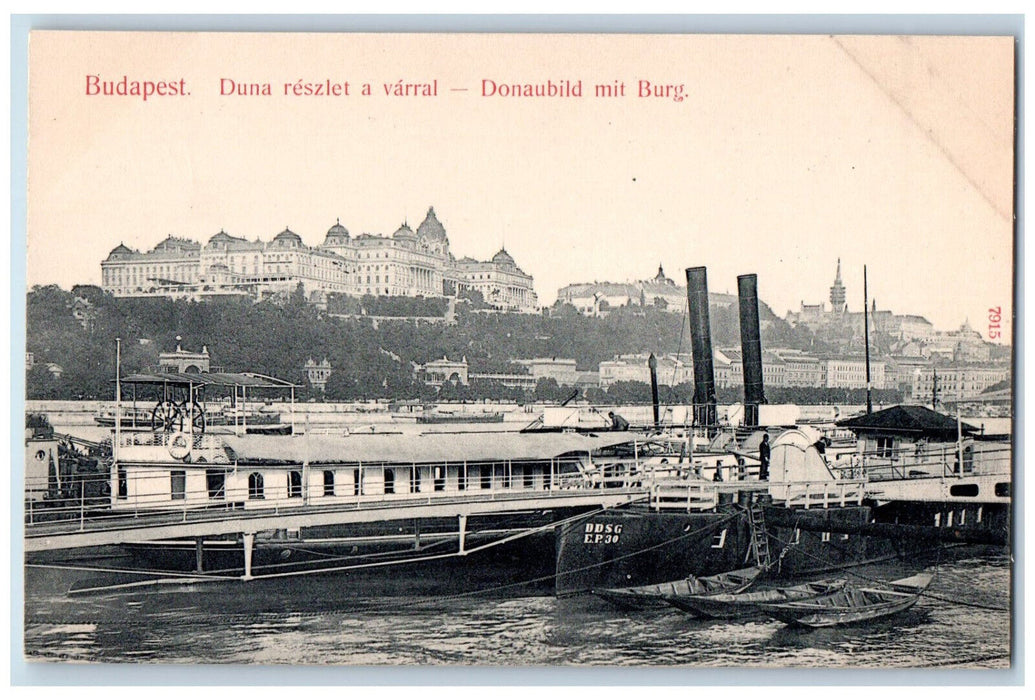 c1910 Danube Detail with Sewer Donaubild Mit Burg Budapest Hungary Postcard