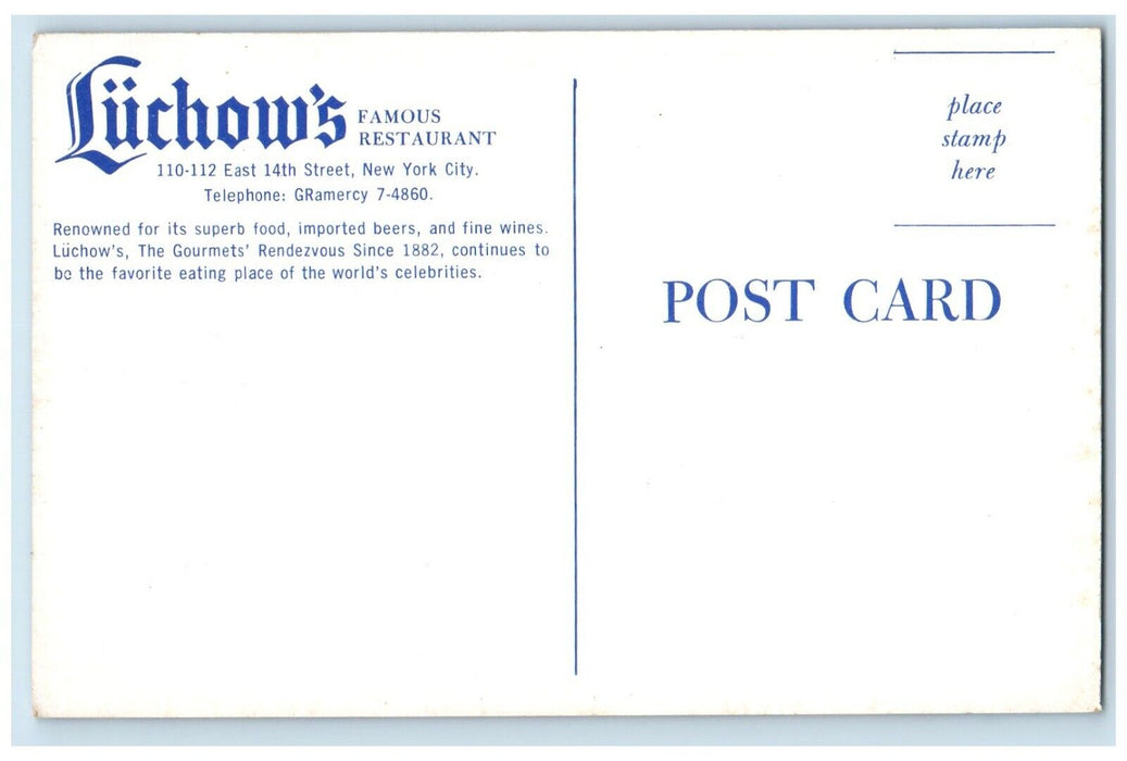 c1960 Exterior View Luchow Restaurant Building New York City NY Antique Postcard