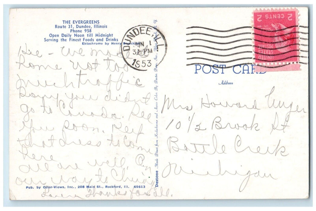 1953 Exterior View Evergreens Building Street Road Dundee Illinois IL Postcard