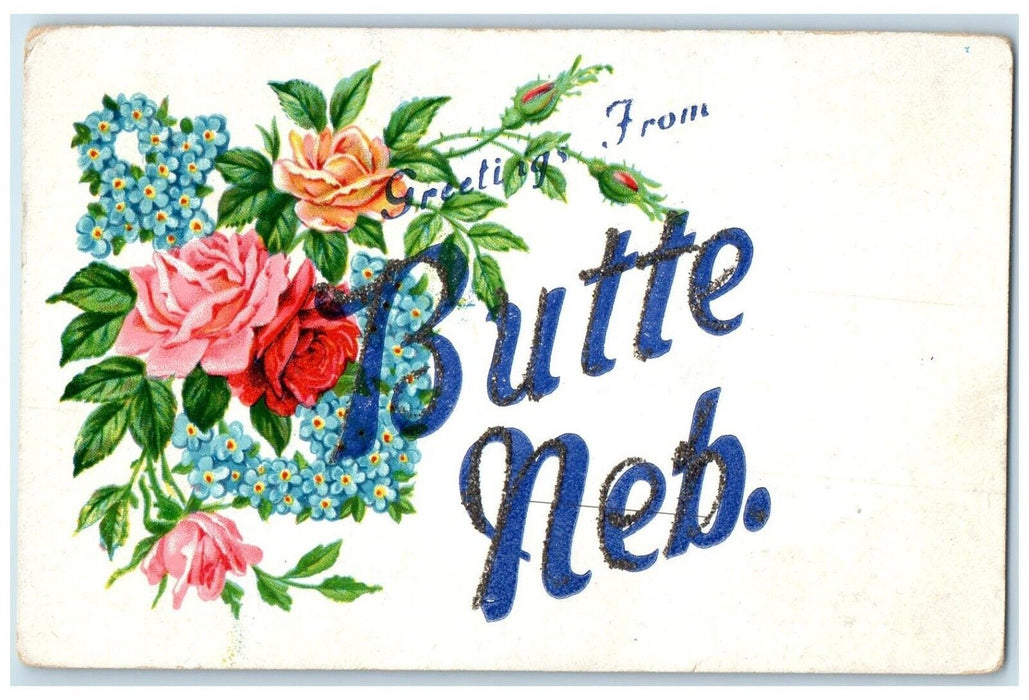 c1910's Greetings From Butt Nebraska NE, Roses Pansies Flowers Glitter Postcard