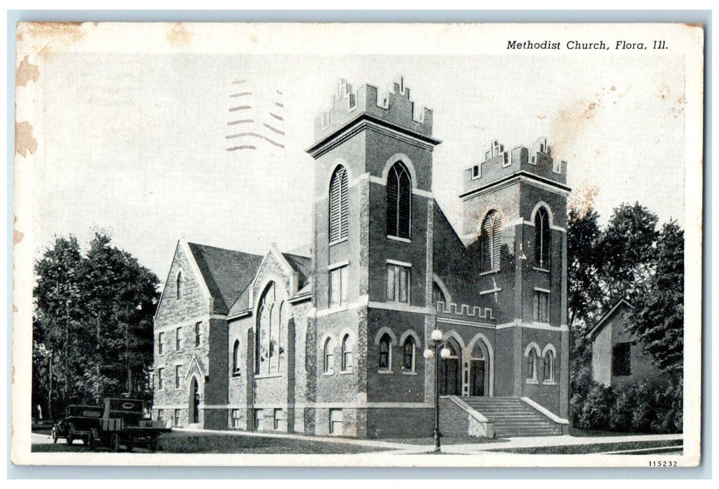 1950 Exterior View Methodist Church Building Flora Illinois IL Antique Postcard