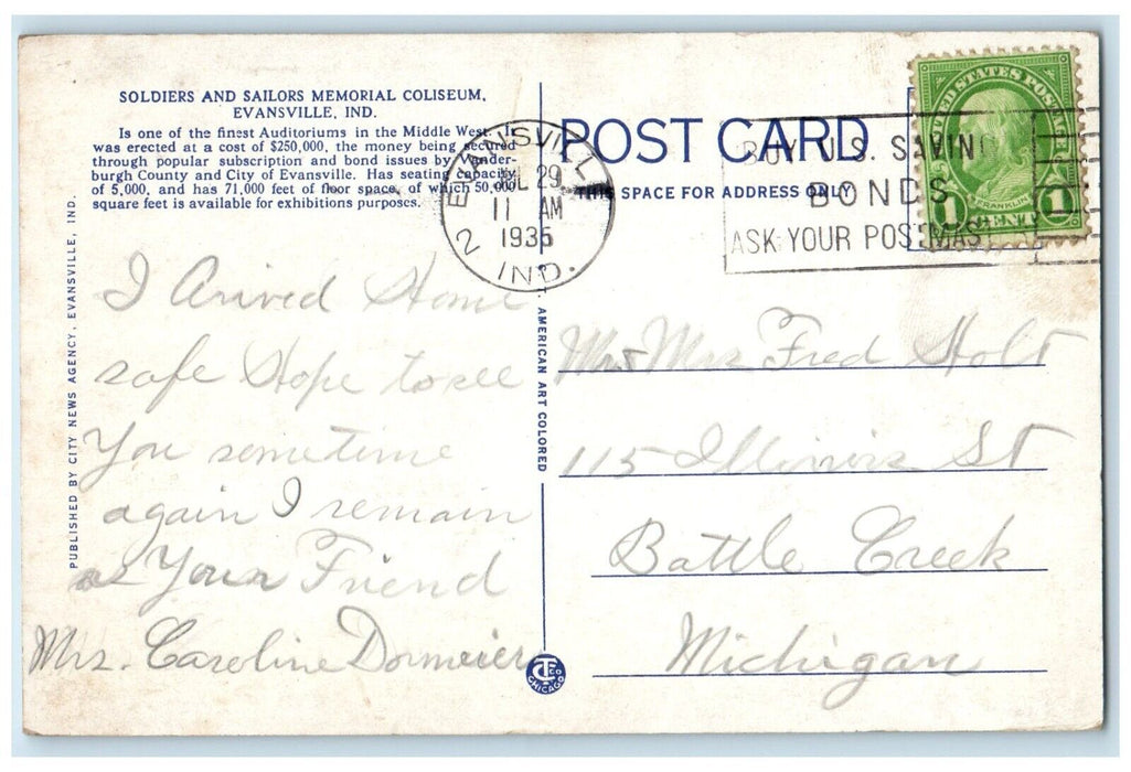 1935 Soldiers Sailors Memorial Coliseum Building Evansville Indiana IN Postcard