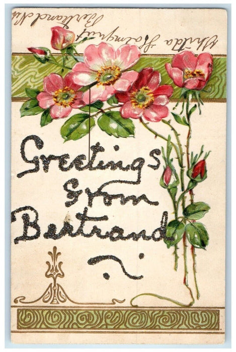 1907 Greetings From Bertrand Nebraska NE, Flowers Glitter Embossed Postcard