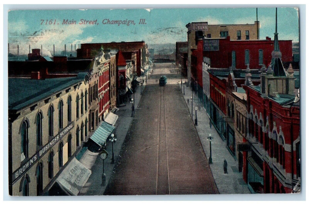 c1910 Aerial View Main Street Buildings Road Champaign Illinois Vintage Postcard