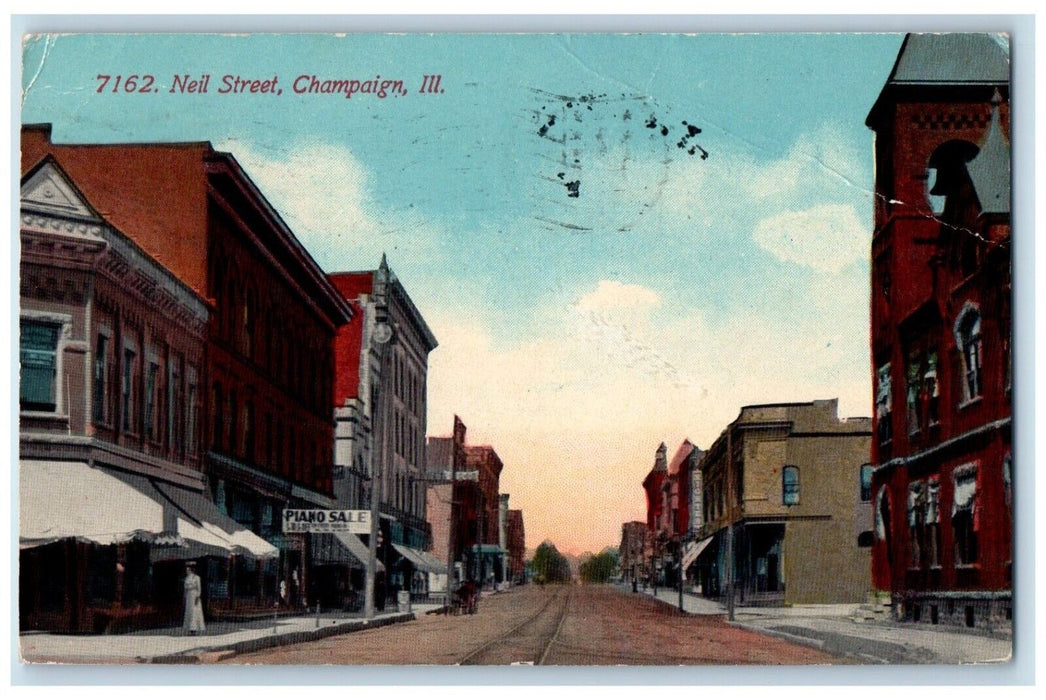 1912 Neil Street Buildings Road Champaign Illinois IL Vintage Antique Postcard