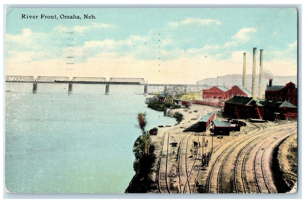 1911 View Of River Front Omaha Nebraska NE, Bridge Railroad Antique Postcard